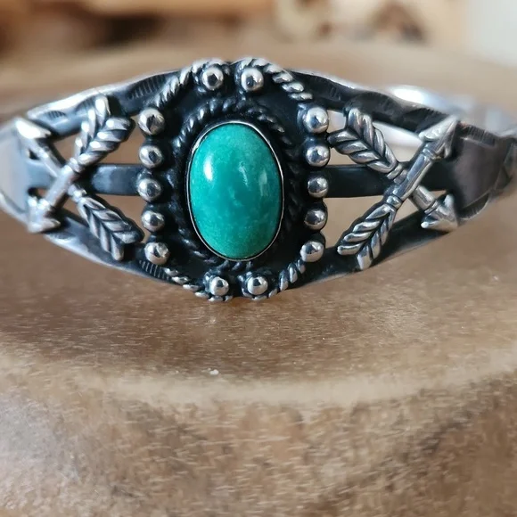 Cool Vintage Native American Turquoise Fred Harvey Cuff Bracelet 💚🎁🩶 - Picture 2 of 15